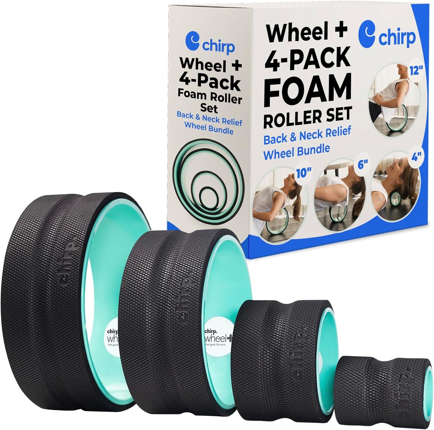 Chirp Wheel Foam Roller – Targeted Back & Neck Relief, Lumbar Spine Stretcher, Spinal Decompression Back Stretcher, Massage Roller with Density Foam for Physical Therapy, Supports 500lbs, 4-Pack Black