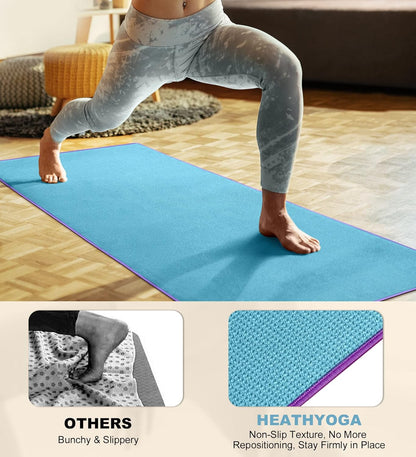 Heathyoga Hot Yoga Towel Non Slip, Microfiber Non Slip Yoga Mat Towel, Exclusive Corner Pockets Design, Dual-Grip, Sweat Absorbent, Perfect for Hot Yoga, Bikram, Pilates and Yoga Mats