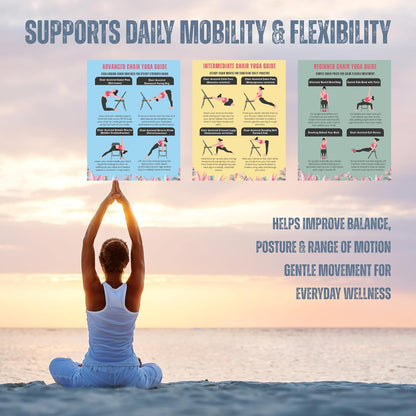 Chair Yoga Exercise Chart for Seniors and Beginners, 3-Level Program, Seated and Chair-Assisted Poses, Flexibility, Balance and Pain Relief, Large Workout Poster