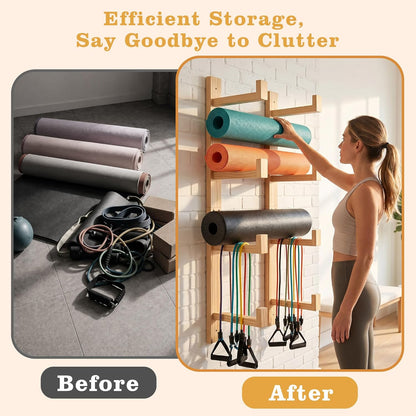 4-Tier Wooden Yoga Mat Holder Wall Mount, Yoga Mat Rack for Home Gym Organization, Wall Storage Hanger for Foam Roller and Fitness Accessories