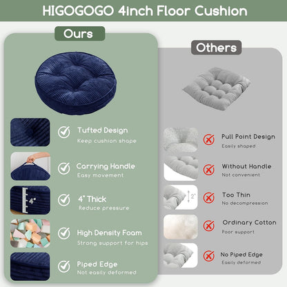 HIGOGOGO Floor Pillow Cushion for Adults, Meditation Cushion Pillow, Large Square Floor Sitting, Tufted Corduroy Cover, for Tatami Living Room or Yoga, 22x22 Inch, Dark Grey