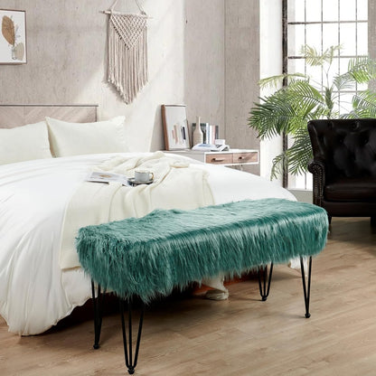 Home Soft Things Green Mongolian Faux Fur Ottoman, Desert Sage, 19'' x 13'' x 17'', Cozy Plush Fluffy Ottoman Foot Rest Stool for Living Room Bedroom Entryway Makeup Bench End of Bed Home Décor
