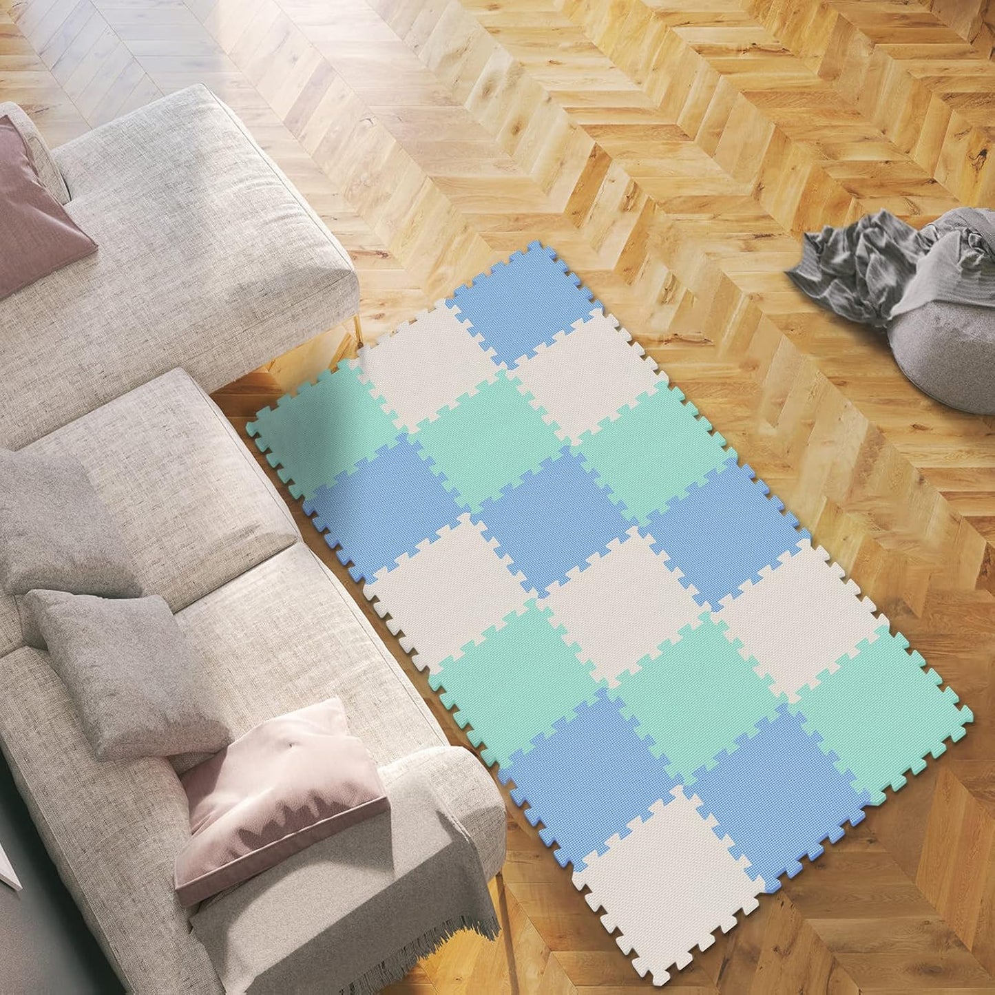 qqpp EVA Rubber 18 Tiles Interlocking Puzzle Foam Floor Mats - Baby Play Mat for Playing | Exercise Mat for Home Workout. White, Pink, Gray. QC-ACLb18N