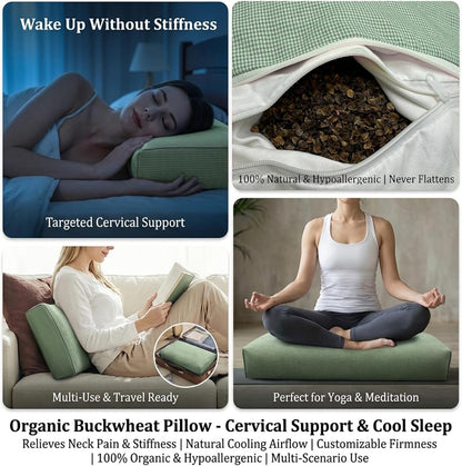 Adjustable Buckwheat Hull Pillow for Neck Pain Relief (21x8x4in) Natural Cooling Cervical Support Organic Pillow for Side & Back Sleepers with Night Sweats (Grey)