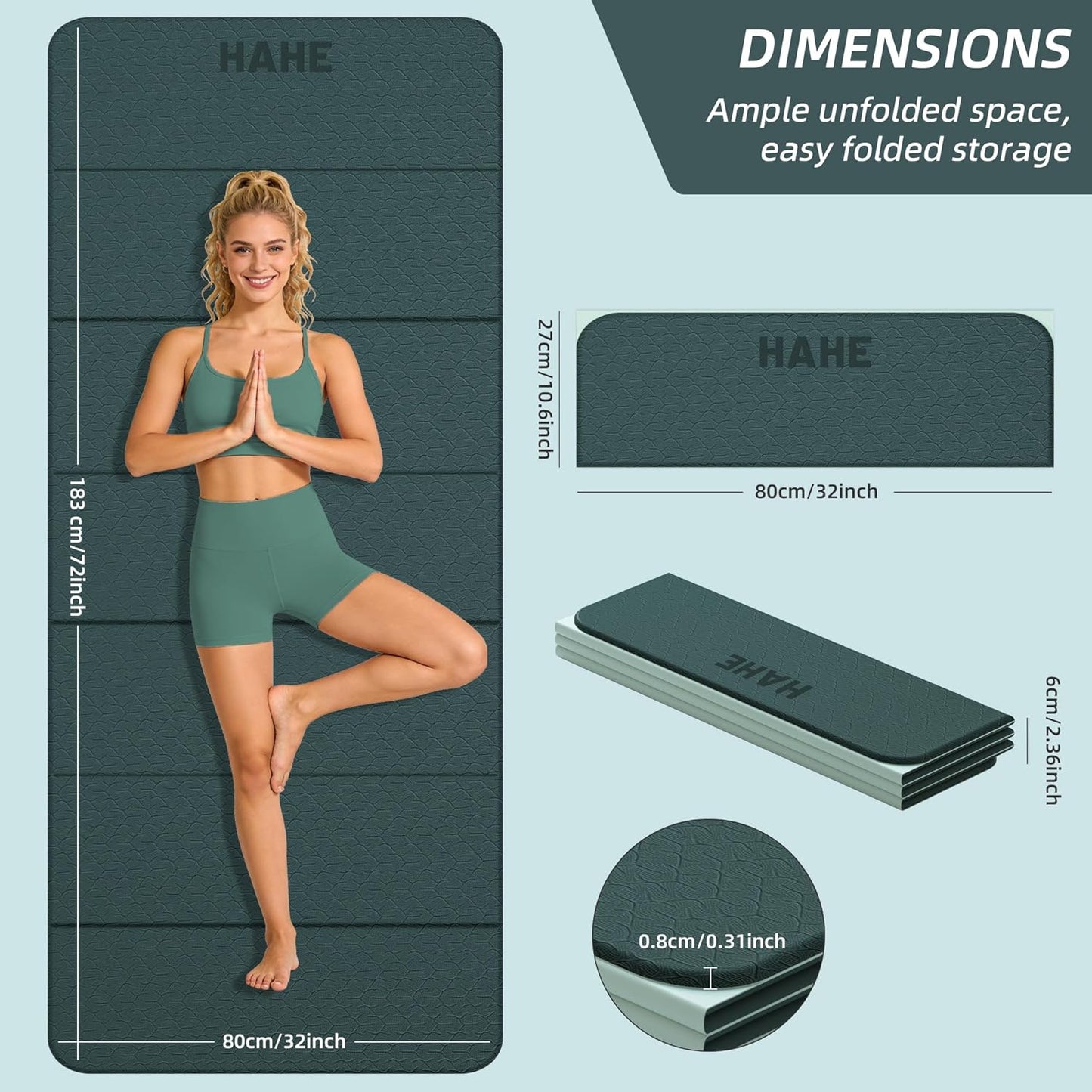 HAHE Foldable Yoga Exercise Mat, 74"Lx32"Wx1/3"Thick, TPE Multi-purpose Workout Mats with Non-slip Surface, Portable for Yoga/Pilates/Studio/Home Gym