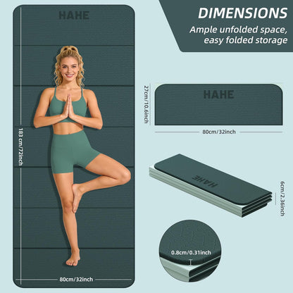 HAHE Foldable Yoga Exercise Mat, 74"Lx32"Wx1/3"Thick, TPE Multi-purpose Workout Mats with Non-slip Surface, Portable for Yoga/Pilates/Studio/Home Gym