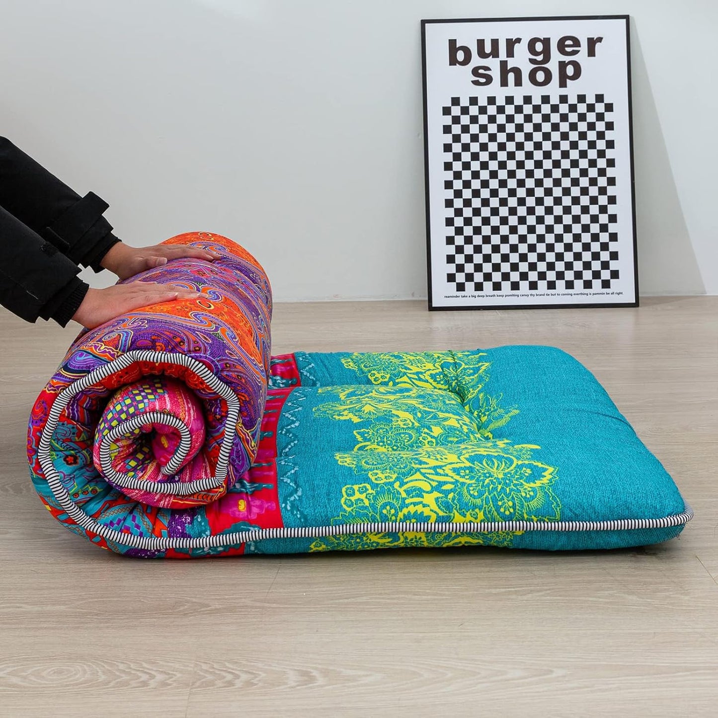 MAXYOYO Bohemian Retro Mattress Boho Floral Japanese Futon Mattress Tatami Floor Mat Foldable Portable Camping, Sleeping Pad, Lounger Couch Bed Full Size
