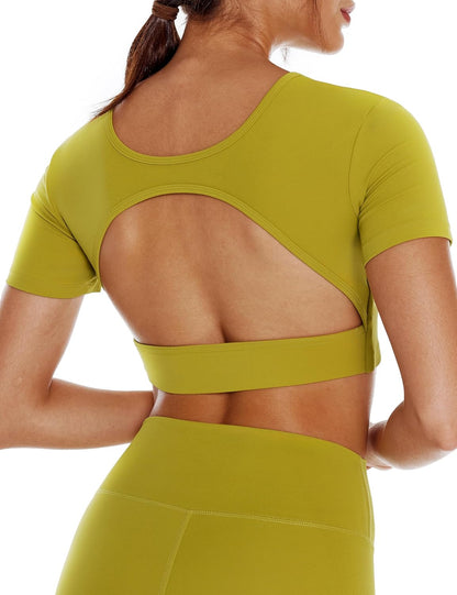 ENERBLOOM Open Back Workout Crop Tops for Women Backless Yoga Shirts Gym Short Sleeve Mild Support Compression Tee with Bra