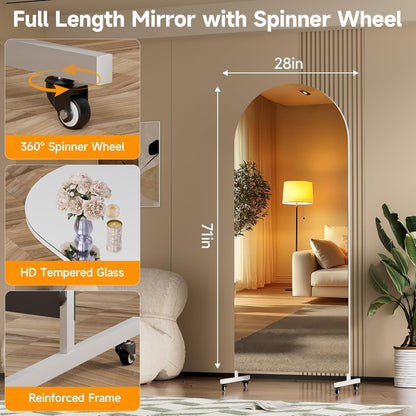 Hasipu 71" x 28" Arched Rolling Home Gym Mirror with Wheels, 360° Swivel Body Mirror with HD Tempered Glass, Large Floor Mirror for Yoga Room, Dance Studio, Bedroom & Home Gym