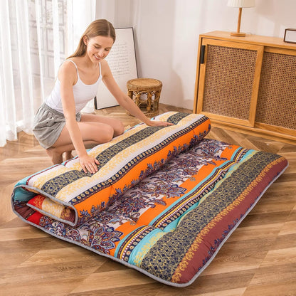 MAXYOYO Bohemian Retro Mattress Boho Floral Japanese Futon Mattress Tatami Floor Mat Foldable Portable Camping, Sleeping Pad, Lounger Couch Bed Full Size