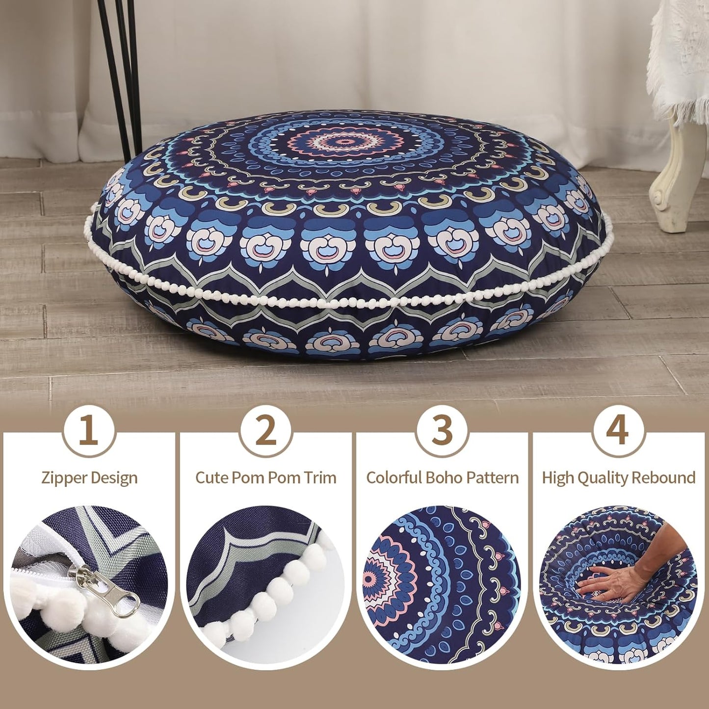 LOVMOC 32 Inch Round Floor Pillow for Adults, Large Thick Memory Foam Boho Mandala Meditation Floor Seating Cushion, Machine Washable for Living Room Outdoor Yoga Floor Sitting, Navy Blue