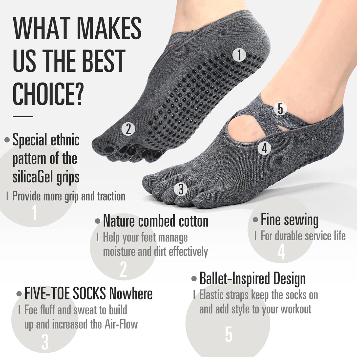 SATINIOR 7 Pairs Yoga Toe Socks with Grip Women Non Slip Sticky Full Toe Socks for Pilates, Ballet, Dance, Barefoot (Multi Colors)