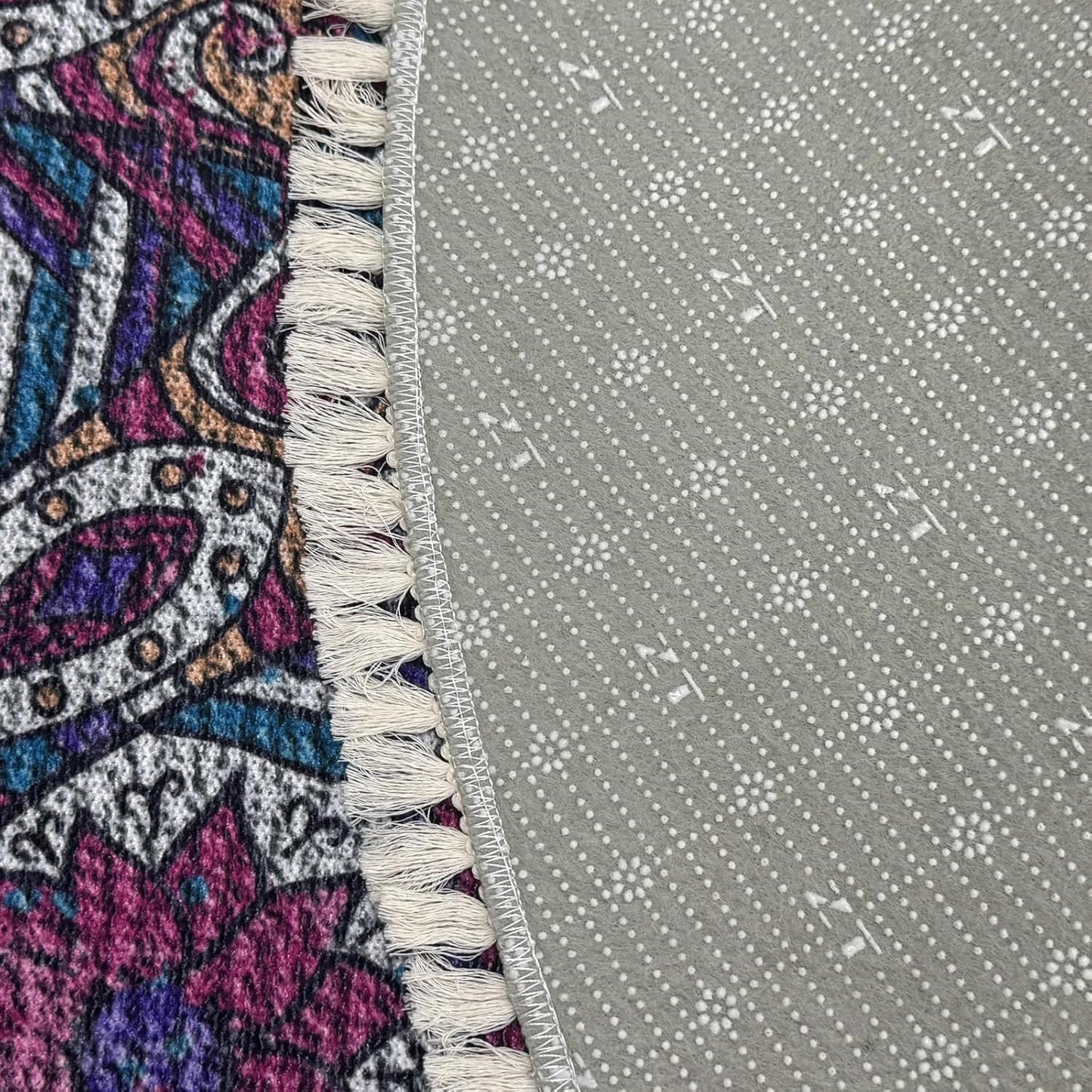 Boho Rug 5Ft Round Bedroom Carpet Circle Nonslip Farmhouse Area Rug Rustic Mandala Floor Mat for Living Room Locker Room Tassel Yoga Throw Rugs Washable Doormat, Purple