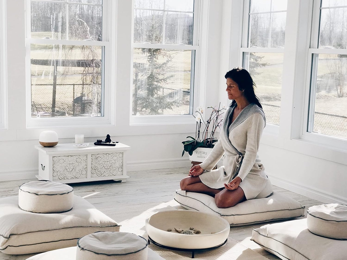 Organic Round Meditation Cushion by renoo - Durable Comfortable Cotton, Linen, Hemp - Modern Zafu - Buckwheat Floor Pillow Yoga Bolster in 15 Colors Removable Cover - 15 inches - Vanilla