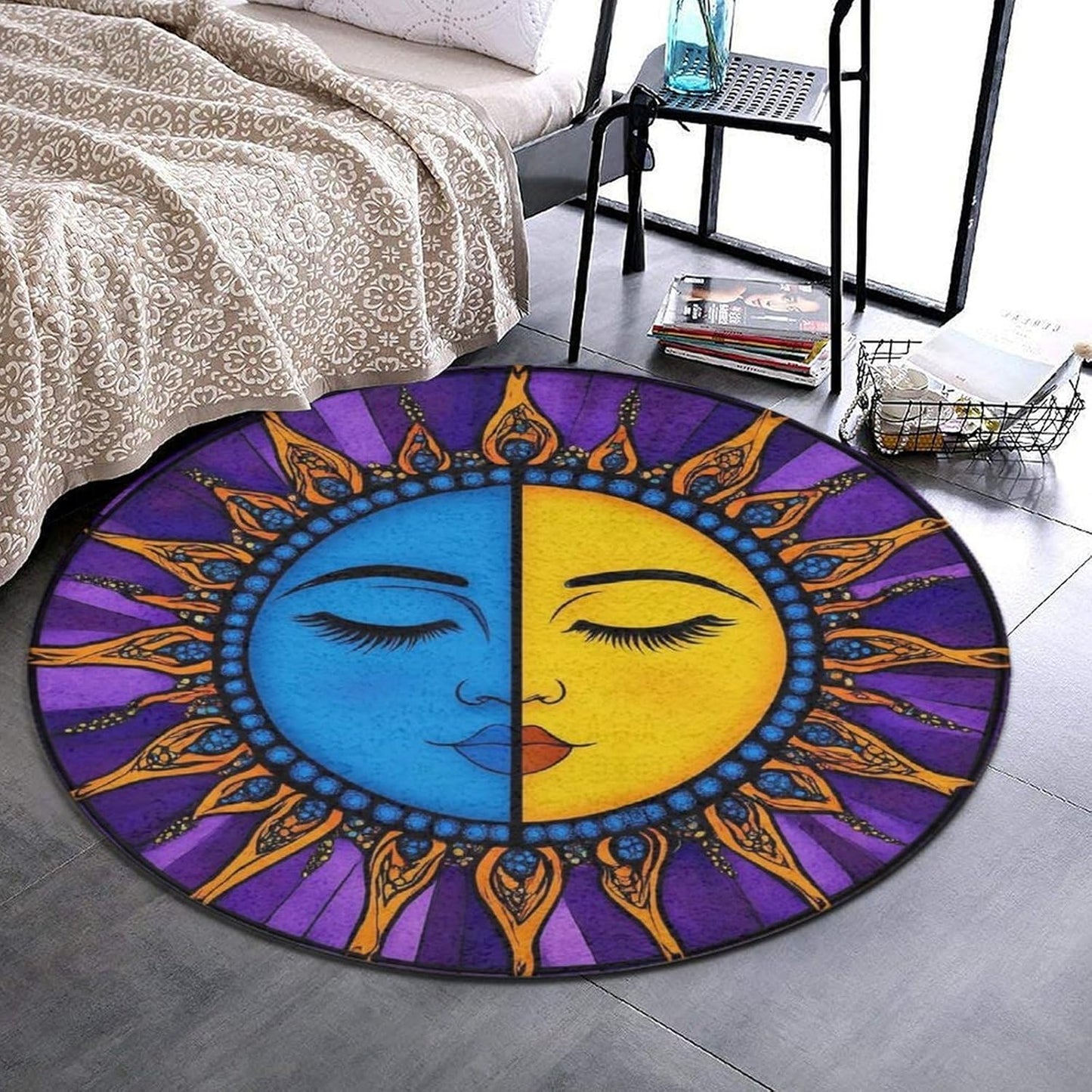 Machine Washable Modern Round Area Rug, Room Sofa Yoga Soft Round Carpet, Home Decor Non Slip Kitchen Office Circle Rug Union Jack Flag UK Mandala Art, 60inch