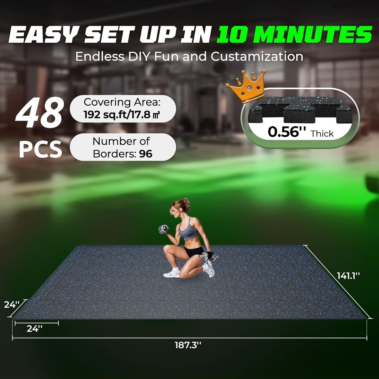PRAISUN 0.56" Rubber Top Gym Flooring, Heavy Duty Interlocking Gym Mats for Home Gym, Non-Slip Workout Mat, 24 x 24in Large Gym Floor Mat, Protect Floors from Weights & Equipment, 48 Sq Ft, Black/Grey