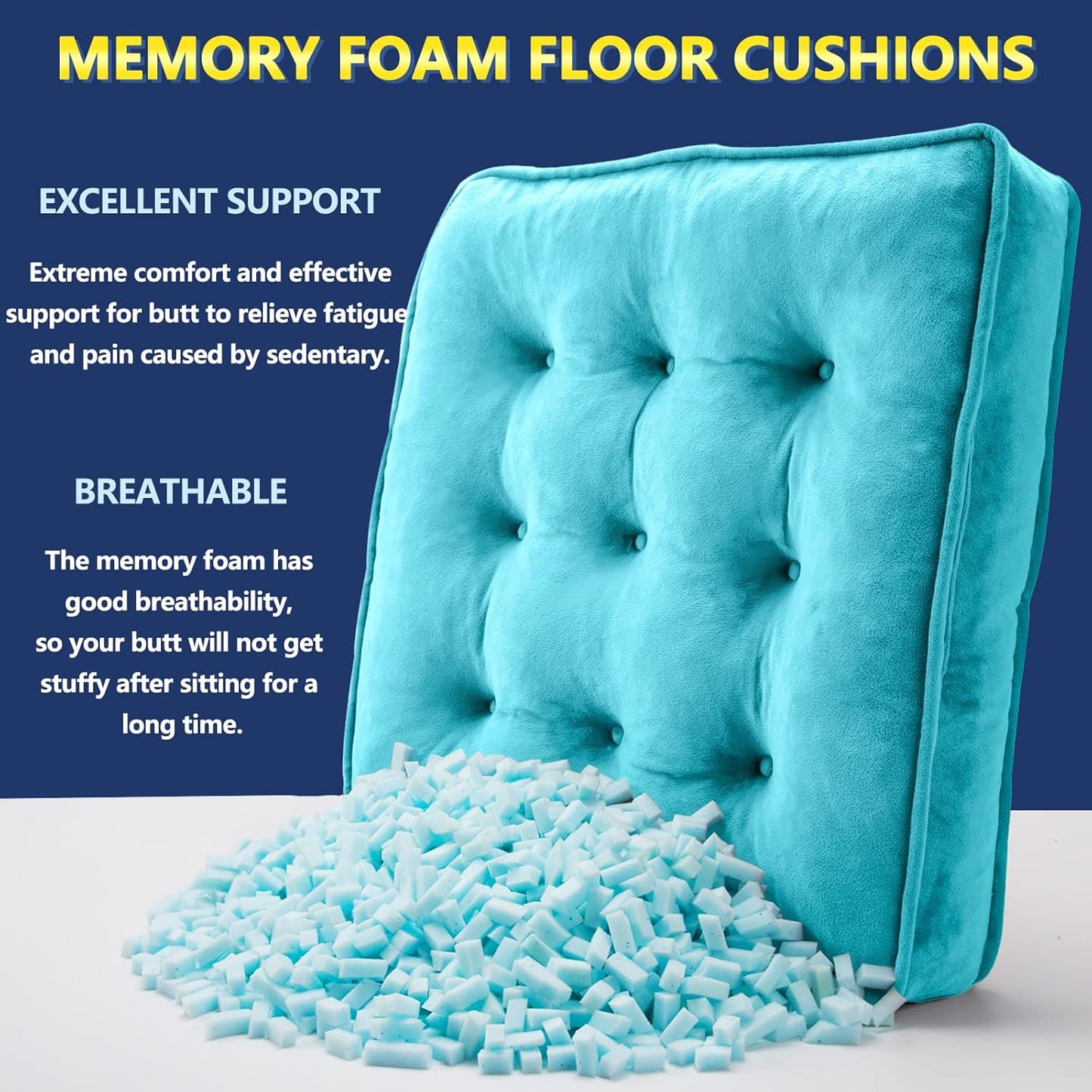 1 MIDDLE ONE Floor Pillow Set of 2, Memory Foam Meditation Cushion, Floor Cushions for Adults Sitting, Large Square Seat Cushions for Yoga, Living Room, 20x20 Inch (Grey)