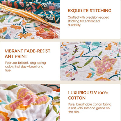 Boho Throw Blanket - 100% Cotton Soft Summer Throw Blanket for Bed, 50"x60" Reversible Breathable Lightweight Blankets, All Seasons Farmhouse Decor Floral Plant Butterfly Throw Quilt