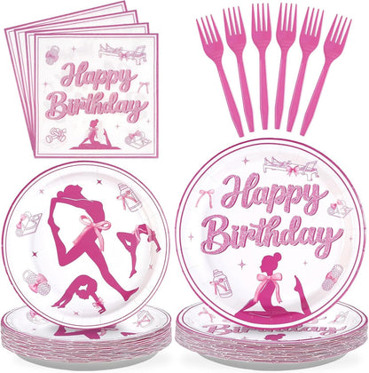 96 Pcs Pilates Yoga Birthday Party Decorations Pink Bow Yoga Pilates Plates and Napkins Disposable Sports Fitness Theme Tableware Set for Women Girls Gym Birthday Baby Shower Party Supplies Serves 24