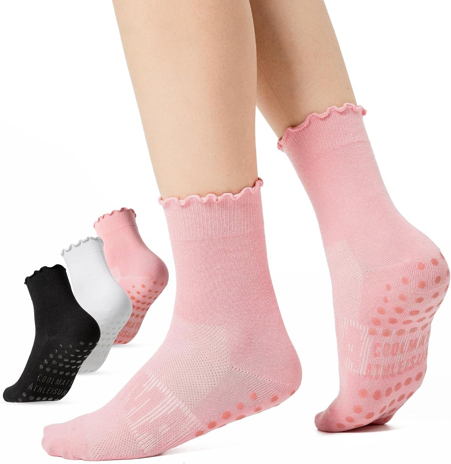 COOLMATE Pilates Socks with Grips for Women, Yoga Socks, Crew Non Slip Women for Barre, Pilates Gifts for Women - Colors A