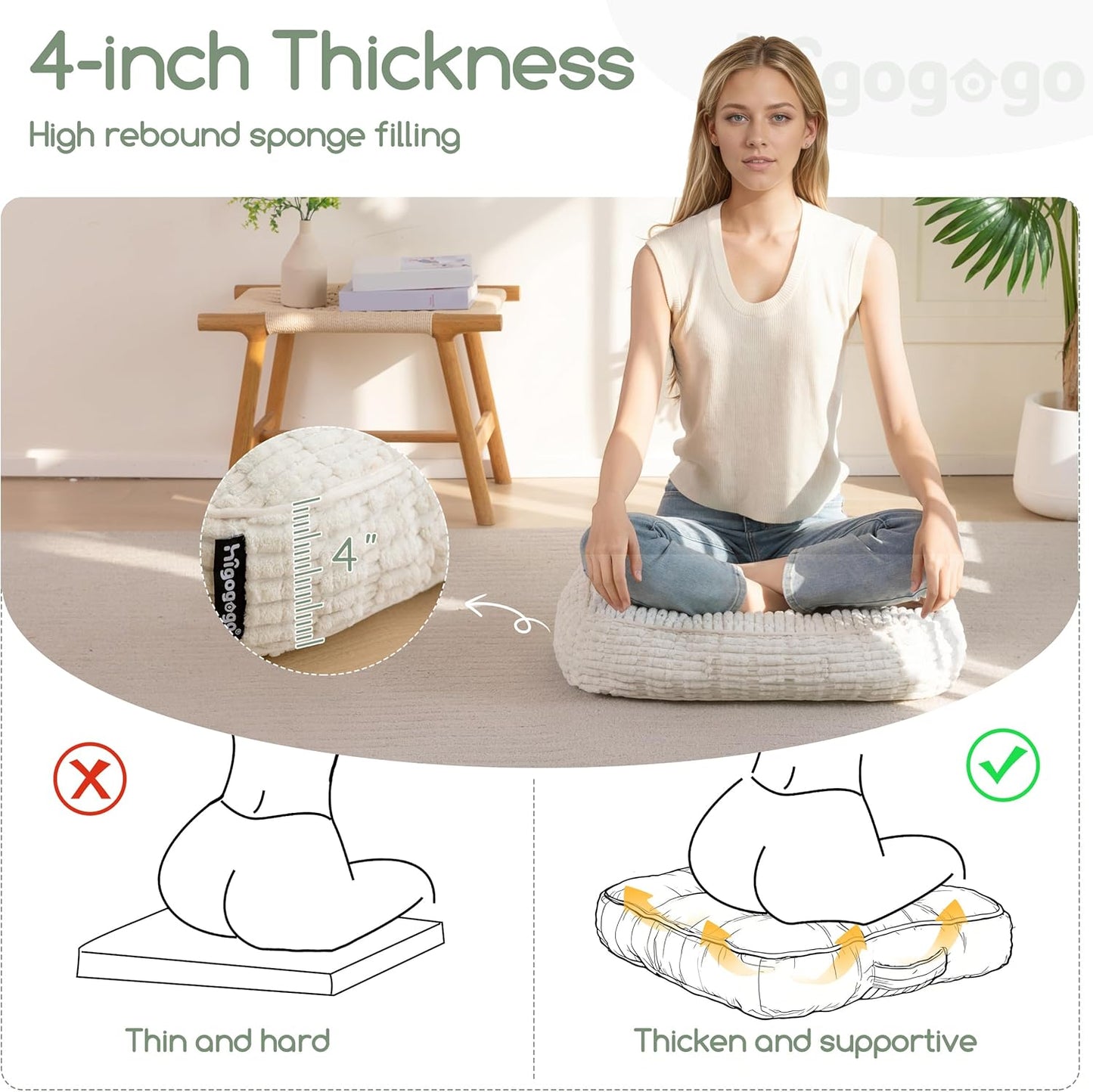 HIGOGOGO Floor Pillow Cushion for Adults, Meditation Cushion Pillow, Blended Corduroy Cover, Large Square Floor Sitting for Tatami Living Room or Yoga, 22x22 Inch, Beige