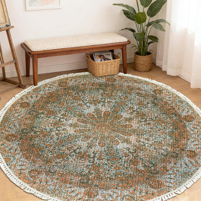 Boho Rug 5Ft Round Bedroom Carpet Circle Nonslip Farmhouse Area Rug Rustic Mandala Floor Mat for Living Room Locker Room Tassel Yoga Throw Rugs Washable Doormat, Purple