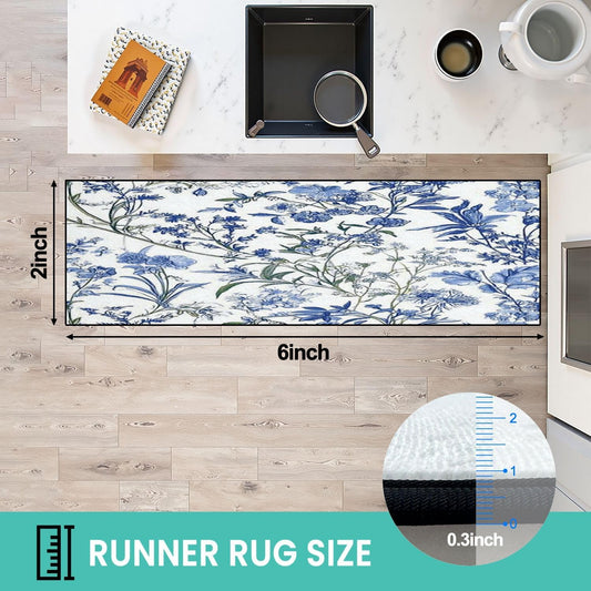 Runner Rug Washable 2x6 Seamless Pattern Toile Inspired Vintage Blue White generated Non-Slip Hallway Area Rug Indoor Outdoor Home Decor for Entryway Bathroom Kitchen Carpet Yoga Floor Mat