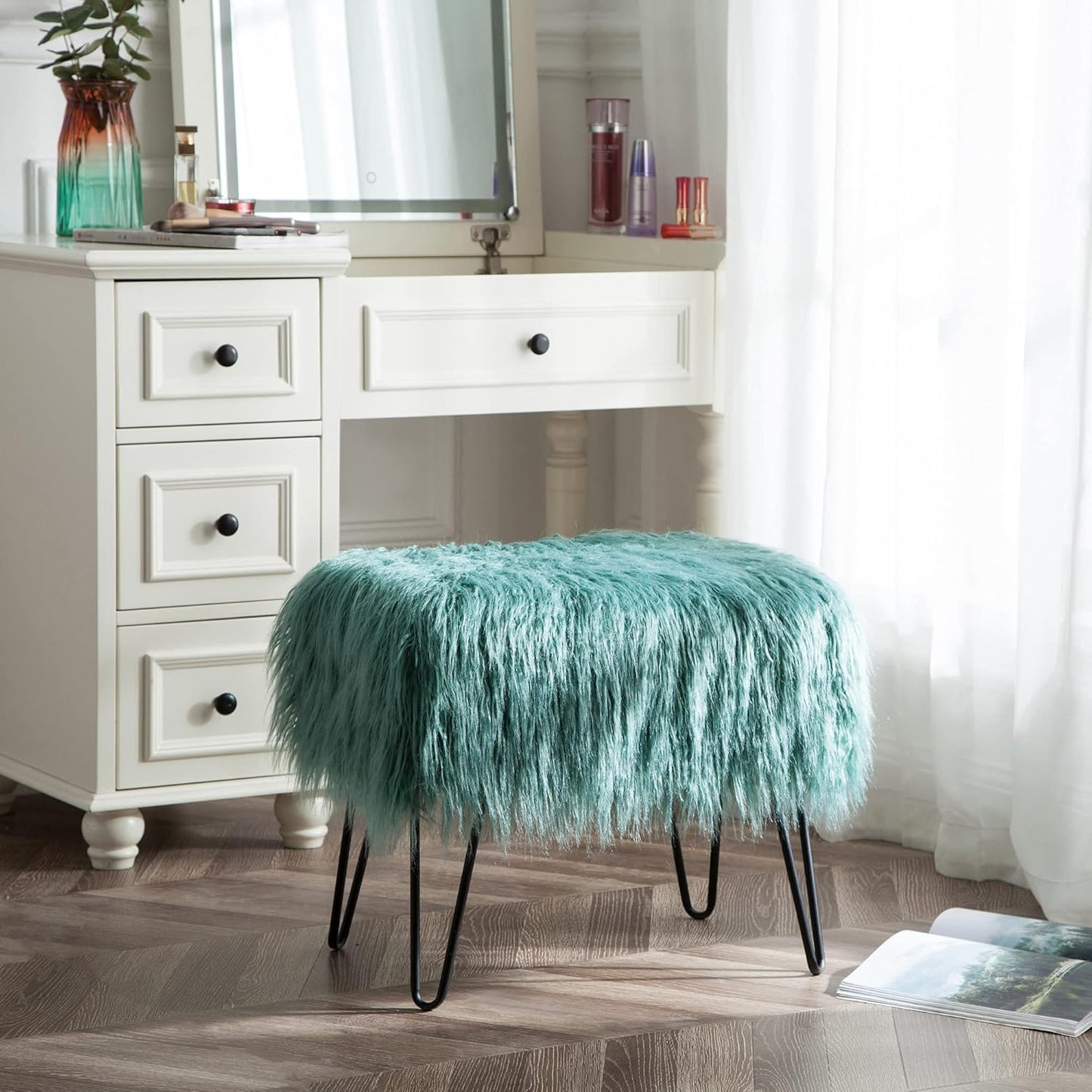 Home Soft Things Green Mongolian Faux Fur Ottoman, Desert Sage, 19'' x 13'' x 17'', Cozy Plush Fluffy Ottoman Foot Rest Stool for Living Room Bedroom Entryway Makeup Bench End of Bed Home Décor
