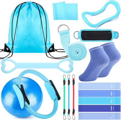 RoundFunny Pilates Ring Circle Set 18 Pcs Exercise Equipment Accessories for Women Workouts Pilates Ball Stretching Strap Magic Circle Yoga Ring Gym Back Bag Resistance Band Anti Slip Socks