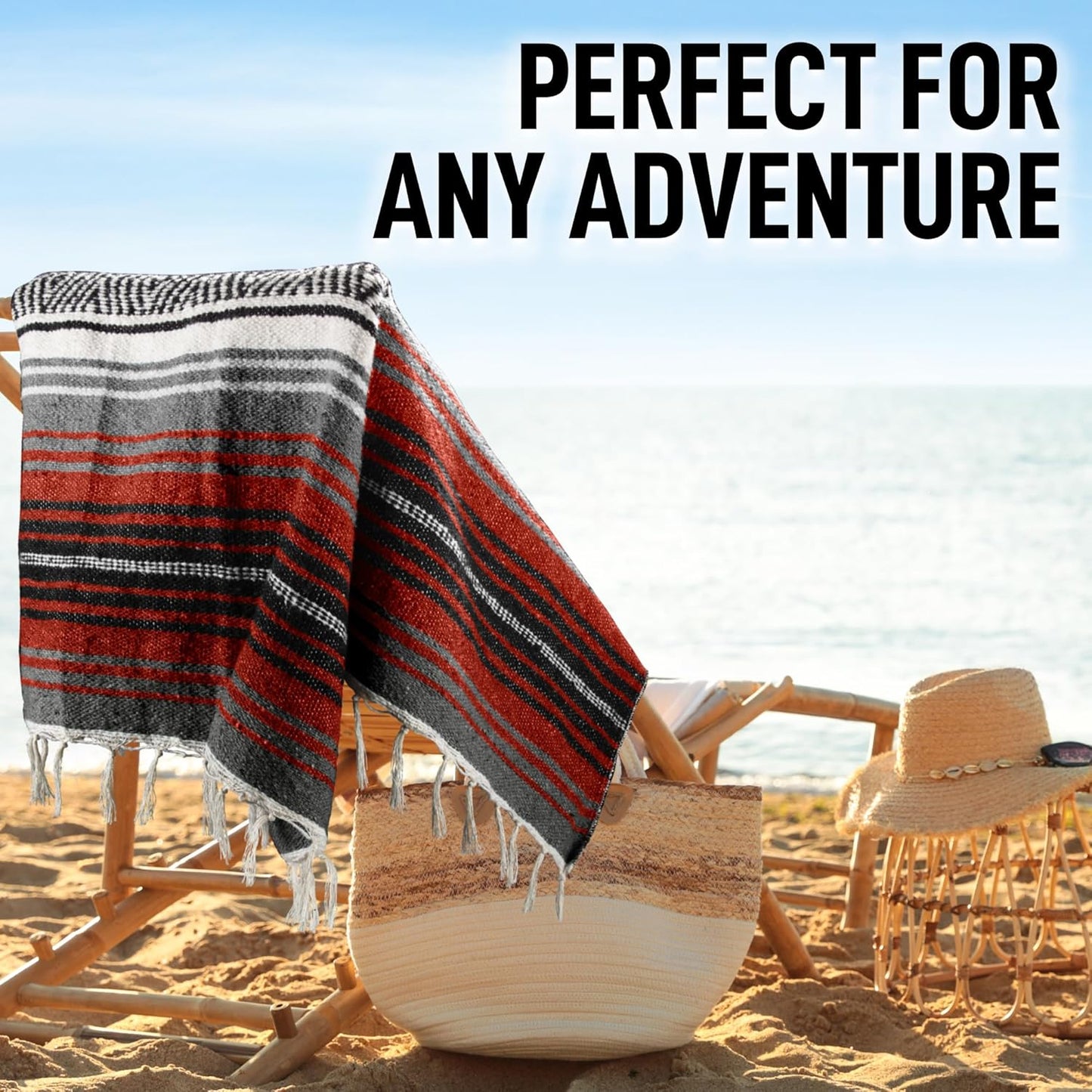 Hydration Nation Authentic Large Handwoven Mexican Blanket - Soft Yoga - Durable Serape - Lightweight Falsa, Beach, Camping, Picnic, Outdoor 70"x50" - Mandarin