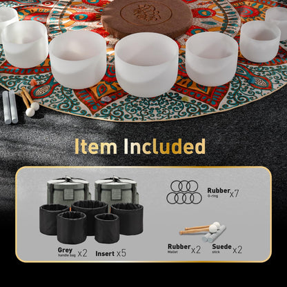 CVNC 432HZ 6-12 Inch Set Of 7 PCS Frosted Chakra Quartz Crystal Singing Bowls for Sound Healing with 2 PCS Travel Carry Case Bag