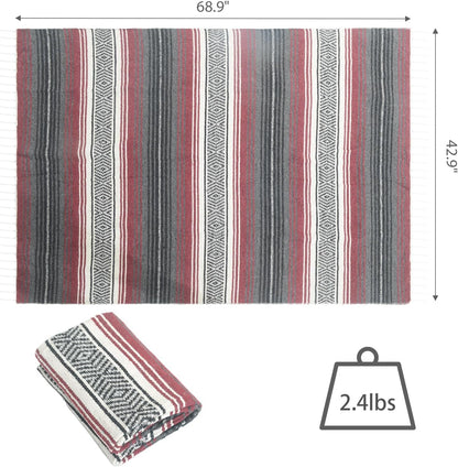 Handwoven Mexican Blanket - Lightweight Yoga, Beach, Camping & Picnic Blanket - Durable Blanket for Outdoor, Equestrian & Home Decor (Burgundy)