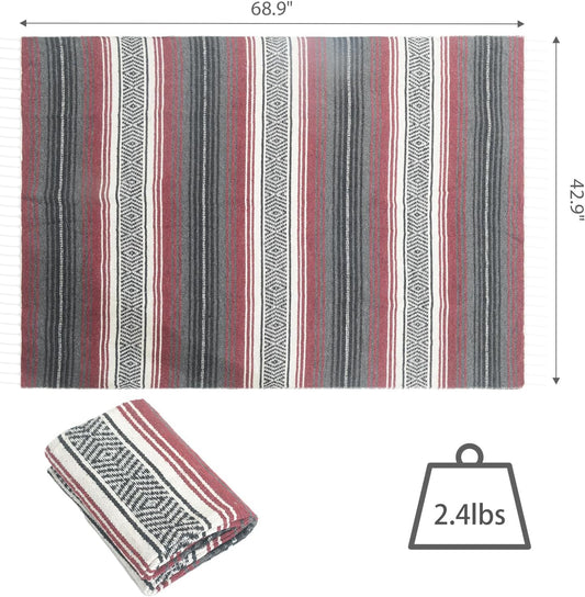 Handwoven Mexican Blanket - Lightweight Yoga, Beach, Camping & Picnic Blanket - Durable Blanket for Outdoor, Equestrian & Home Decor (Burgundy)