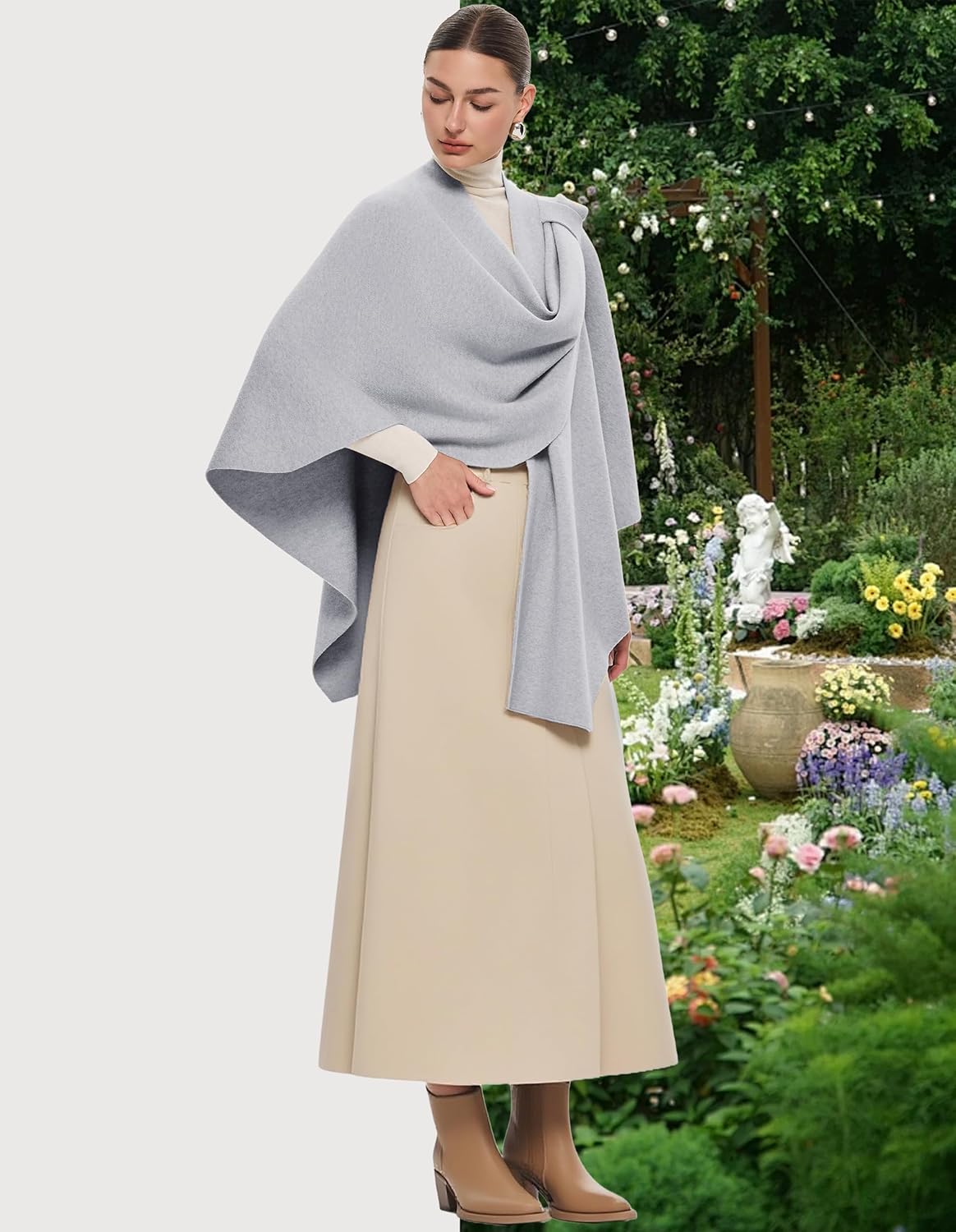 PULI Womens Large Cross Front Poncho Sweater Wrap Topper Knitted Elegant Shawls Cape for Fall Winter
