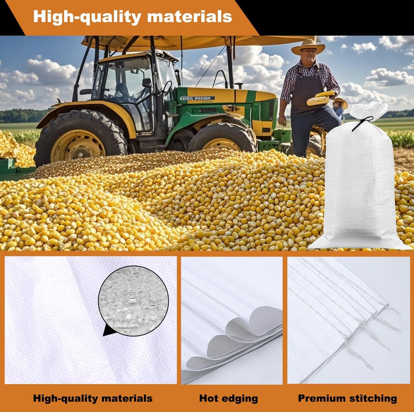 Heavy Duty Sand Bags for Flooding with Tie Strings, 100 Pack Empty Woven Polypropylene Sandbags for Hurricane Flood Control, 100 lbs Capacity, 14x26 inches, White