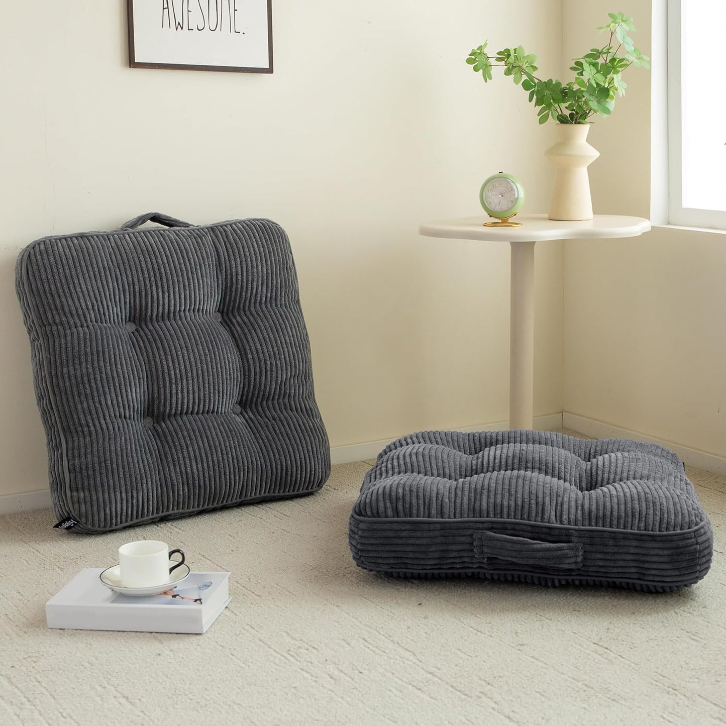 HIGOGOGO Floor Pillow Cushion for Adults, Meditation Cushion Pillow, Large Square Floor Sitting, Tufted Corduroy Cover, for Tatami Living Room or Yoga, 22x22 Inch, Dark Grey