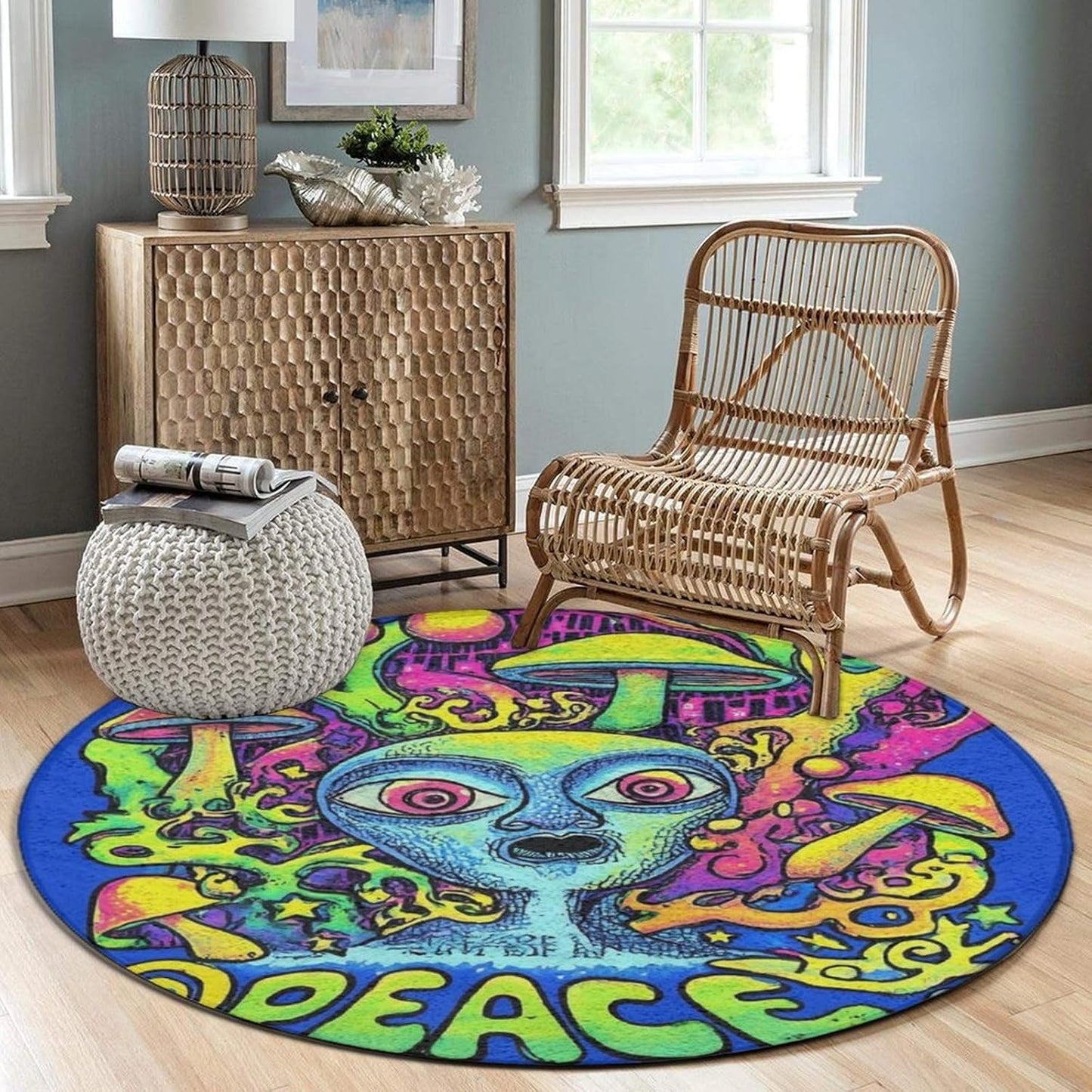 Machine Washable Modern Round Area Rug, Room Sofa Yoga Soft Round Carpet, Home Decor Non Slip Kitchen Office Circle Rug Trippy Rainbow Mushroom Tie Dye Art, 60inch