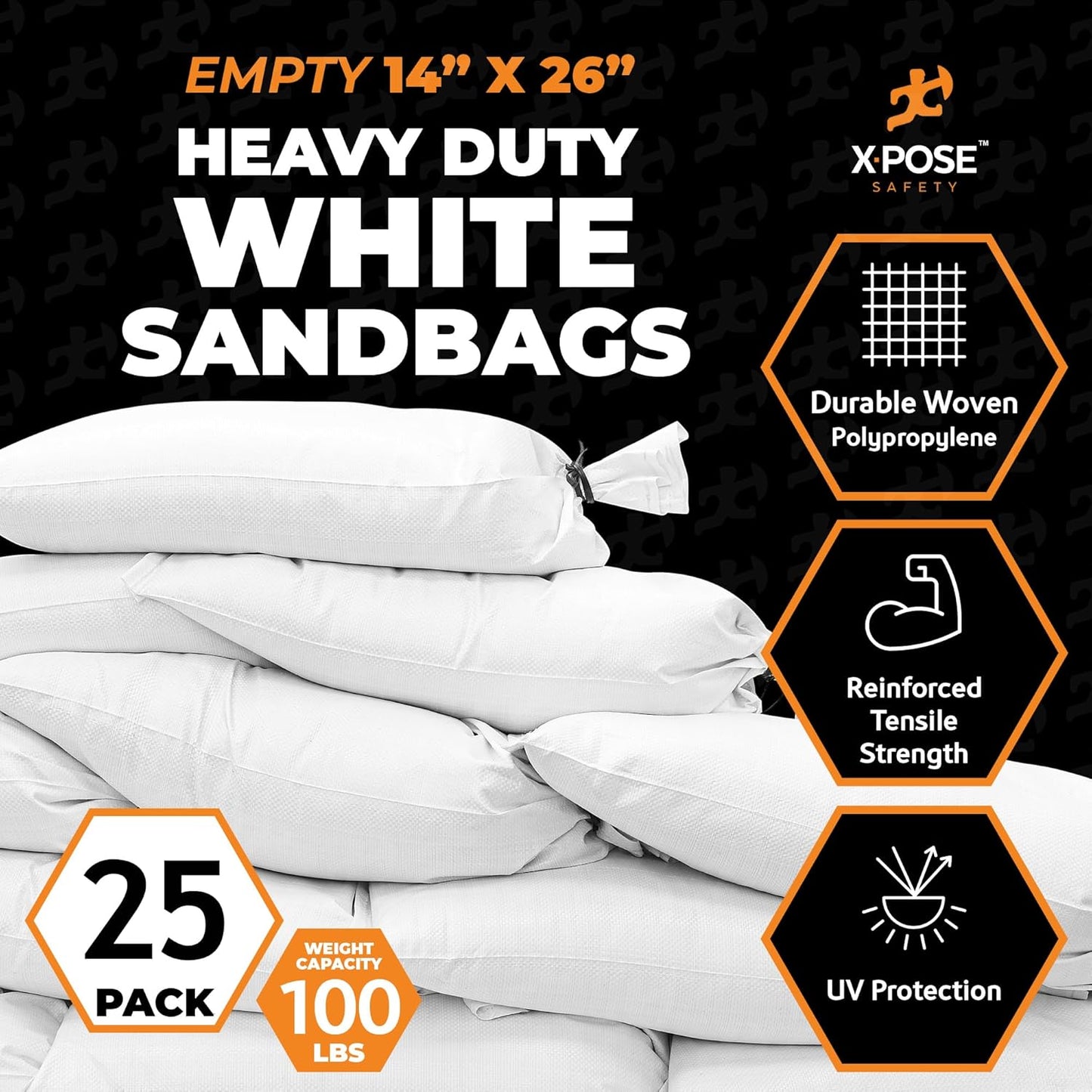 Xpose Safety Heavy Duty Sand Bags with Tie Strings – Empty Woven Polypropylene Sandbags for Hurricane Flood Protection, 100 lb Capacity, 14" x 26", Black, Pack of 10