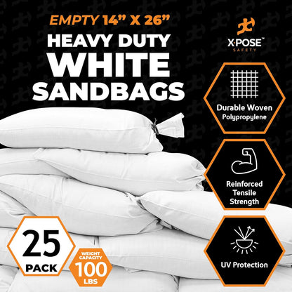 Xpose Safety Heavy Duty Sand Bags with Tie Strings – Empty Woven Polypropylene Sandbags for Hurricane Flood Protection, 100 lb Capacity, 14" x 26", Black, Pack of 10