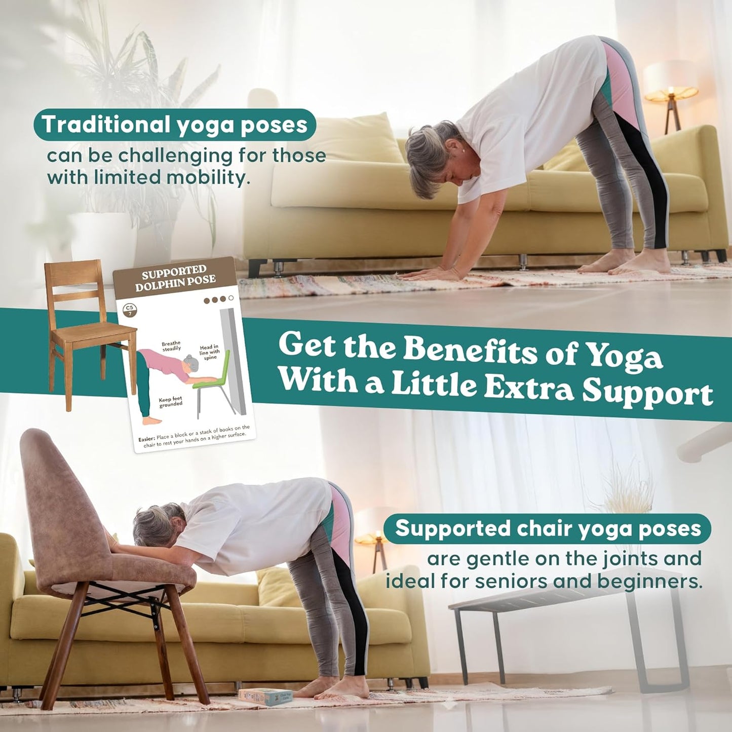 60 Chair Yoga Exercises – Gentle Workouts for Flexibility, Balance & Strength – Big 4″ x 6″ Cards with Step-by-Step Large-Text Instructions – Guidebook & 10 Pre-Made Routines for Seniors & Beginners