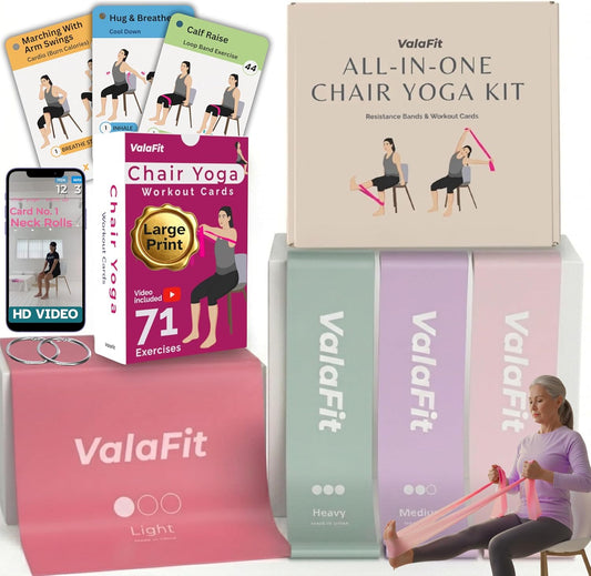 [All-in-One Kit] Chair Yoga for Seniors Over 60: 71 Seated Exercises with Video + 4 Resistance Bands | Large Print Cards for Mobility, Balance, Strength & Weight Loss | Gift for Mom & Dad