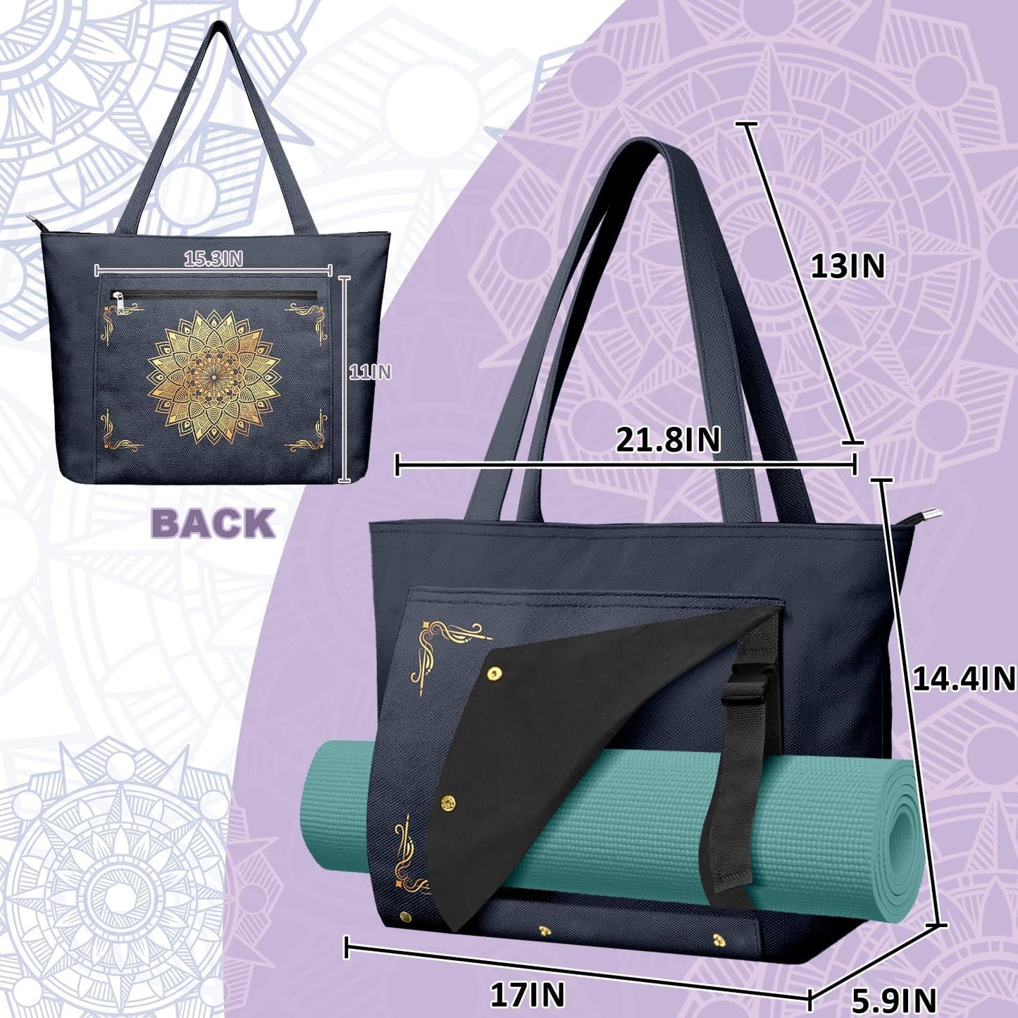 Yoga Bag for Women, Large Canvas Yoga Mat Tote Bag with Yoga Mat Carrier - Large Mat Pocket Fitness Tote for Pilates, Gym, Travel, Office & Beach