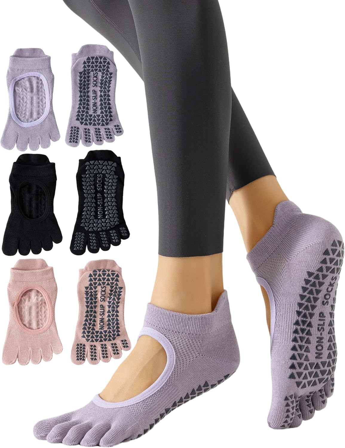 Yawlsow 3 Pairs Pilates Yoga Toe Socks with Grips for Women, Five Toe Non-Slip Socks for Barre Ballet Fitness Hospital