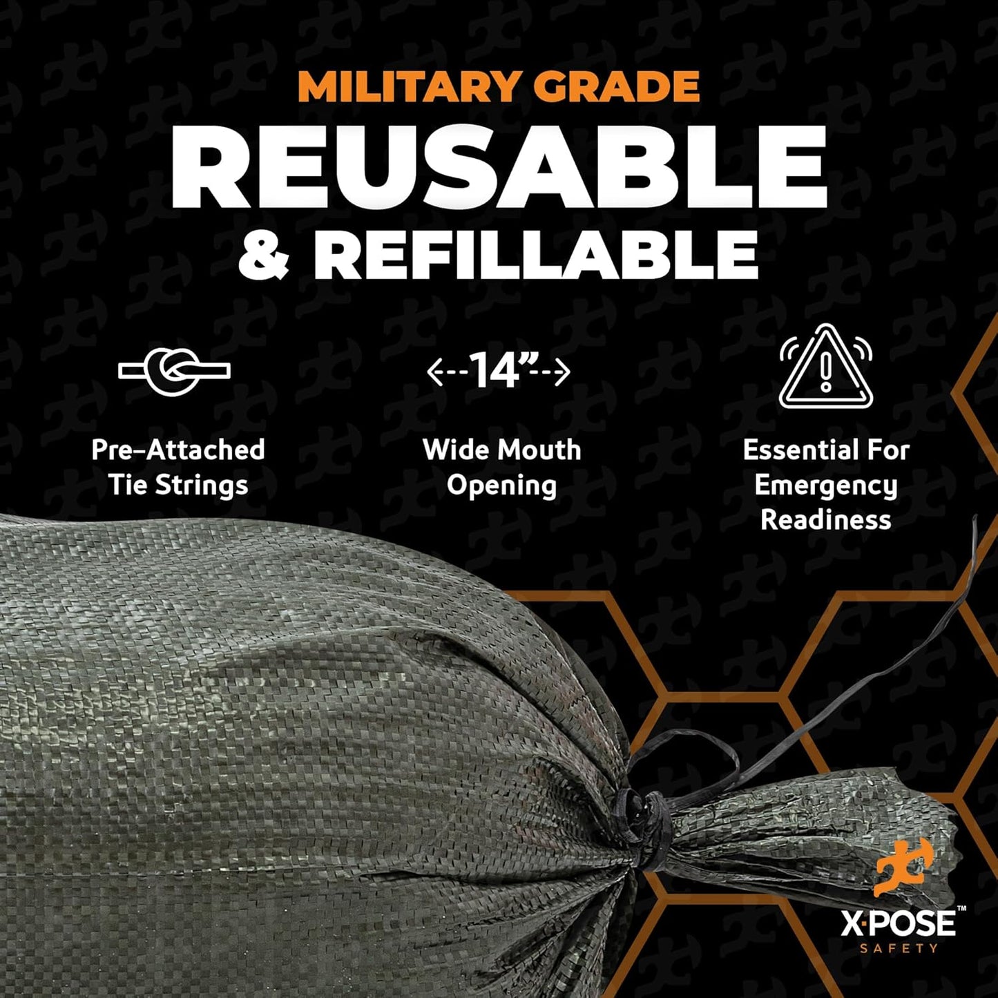 Xpose Safety Heavy Duty Sand Bags with Tie Strings – Empty Woven Polypropylene Sandbags for Hurricane Flood Protection, 50 lb Capacity, 14" x 26", White, Pack of 10