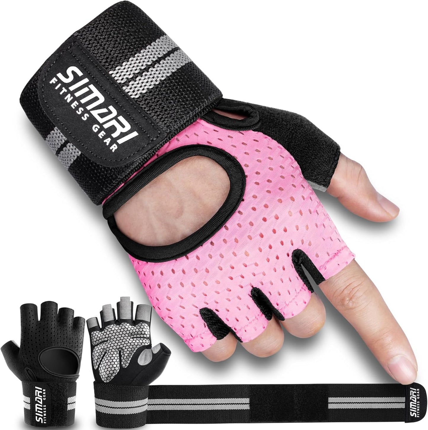 SIMARI Breathable Workout Gloves for Men Women, Padded Weight Lifting Gloves with Wrist Wraps Support, Full Palm Protection, Grip for Gym Training, Fitness, Weightlifting, Exercise Fingerless Black