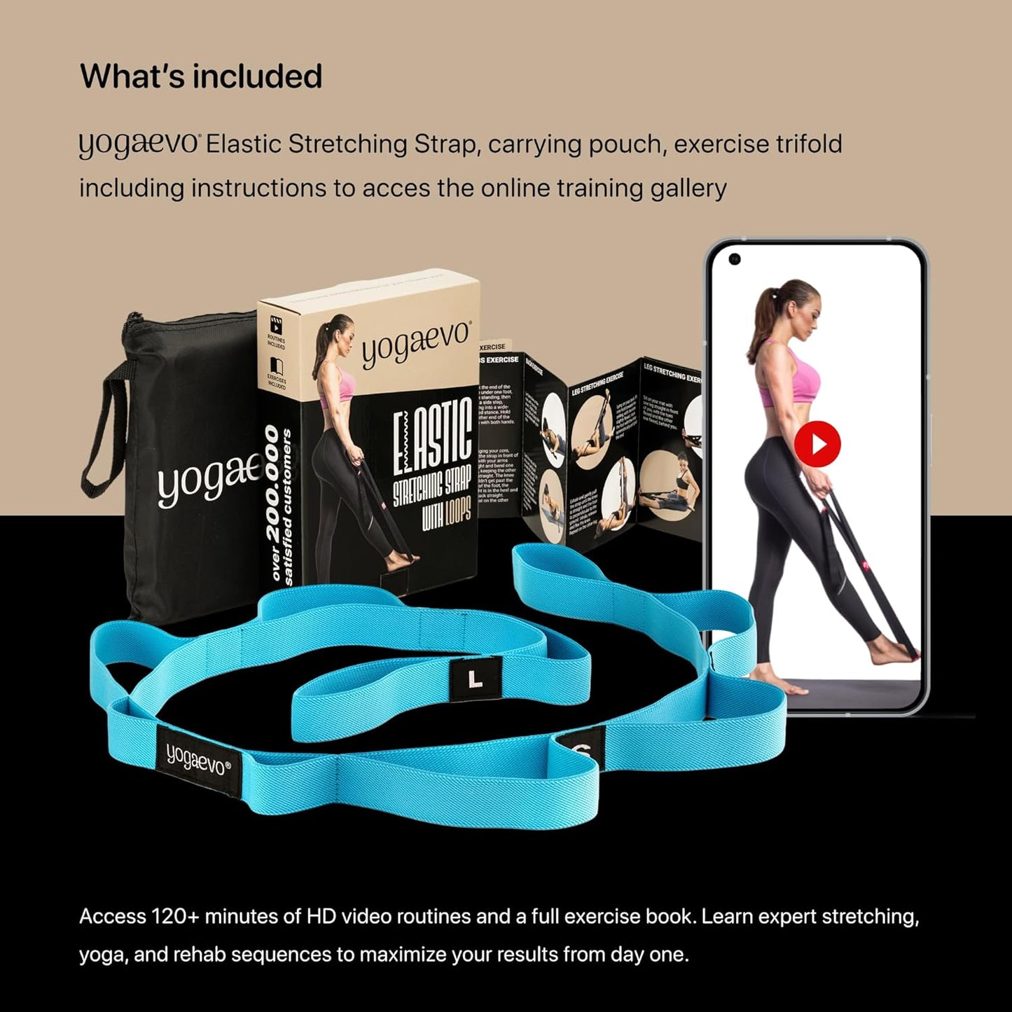 YOGA-EVO Elastic Stretching Strap with Loops for Physical Therapy - Stretch & Activate Muscles - Increase Mobility & Recovery - Soft Cotton & Spandex - Includes Carrying Pouch & Video Exercises