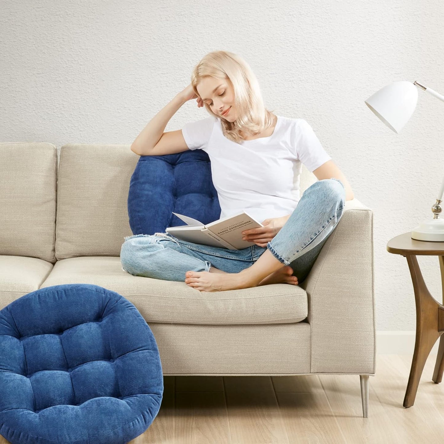 Meditation Floor Pillow Set of 2, Round Large Pillows Seating for Adults, Tufted Corduroy Cushion for Living Room Tatami, Beige 22 Inch