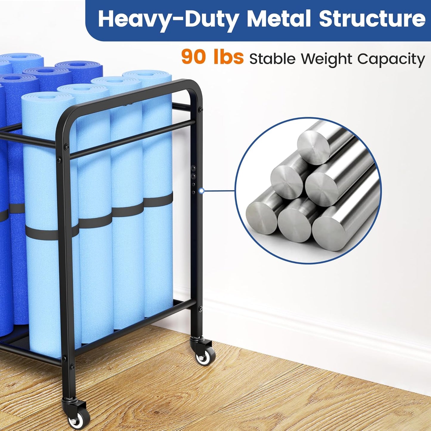 Black Yoga Mat Storage Rack Basket with Wheels, Floor-Standing Metal Yoga Mat Cart Workout Equipment for Foam Roller Dumbbells Kettlebells,in Gym,Fitness Classes, Yoga Studio & Home Gym