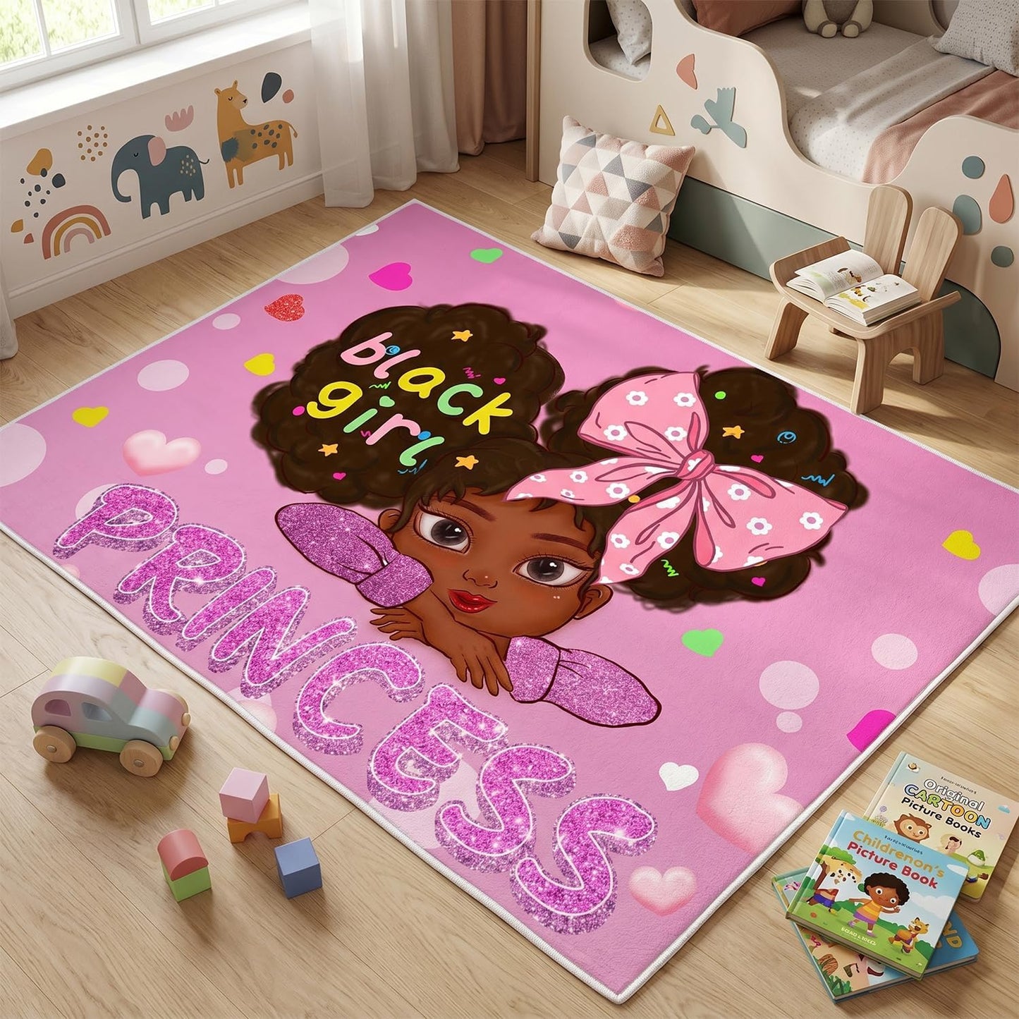 Black Girl Area Rug for Bedroom African American Rugs for Room Princess Carpet Kids Rugs for Bedroom African Girls Carpet for Living Room Teen Girls Yoga Mats, Pink, 4'×5'