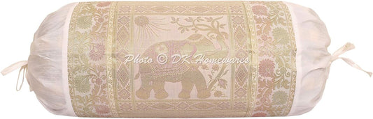 Indian Jacquard Brocade Silk Bolster Yoga Rectangular Pillowcase Cover Elephant White Tubular Home Decor Living Room Cylindrical Hotdog Traditional Throw Cushion Cover 76x38 cm - 1 Pc
